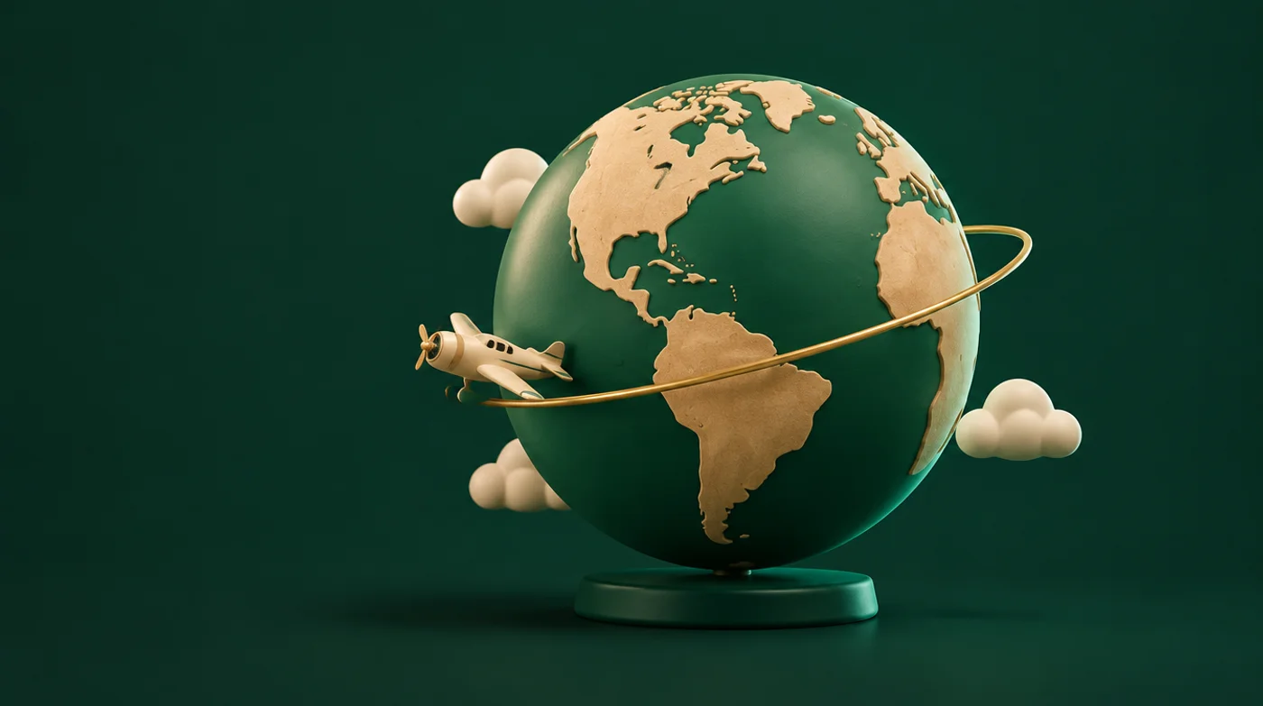 Ilustración tridimensional de un avión que recorre el mundo